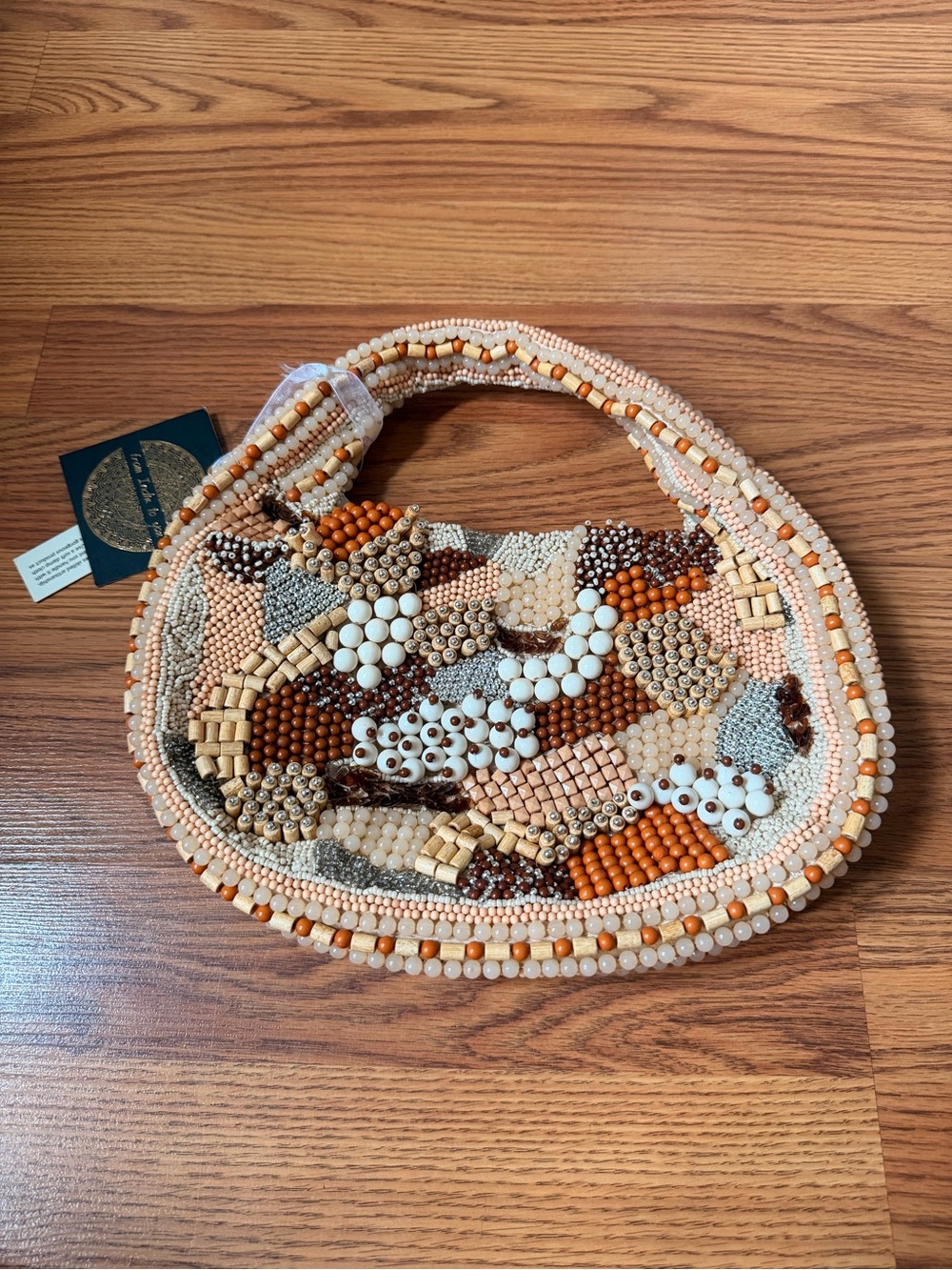 Viral Handcrafted Made in India Beaded Brown Cream Wooden Beads Bag NWT